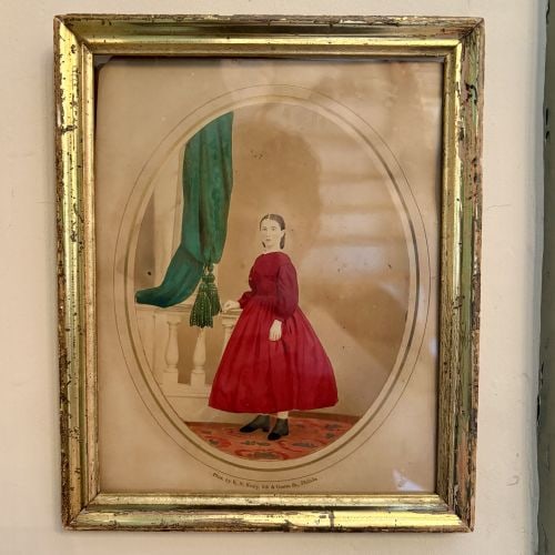 Robert Neely Keely, Hand-Colored Salt Print Portrait of a Young Girl, c. 1860 9"X11": Hand-colored salt print by Robert Neely Keely of Philadelphia. The full-length portrait depicts a young girl standing in a studio interior. She is dressed in a vibrant red long-sleeved dress and black
