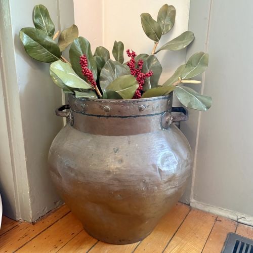 Large Antique Hand-Hammered Copper Storage Vessel with Riveted Collar and Forged Handles 17"X17"X16" (1 of 8)