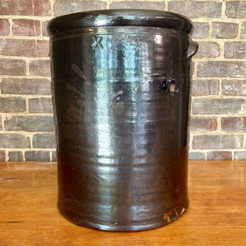 John Bauer 10-Gallon Stoneware Storage Crock, Louisville, Kentucky, Late 19th Century 14"X18": This large cylindrical stoneware storage crock was produced by the John Lauer pottery on Preston Street in Louisville, Kentucky. The vessel is constructed with a wheel-turned body, a heavy rounded ove