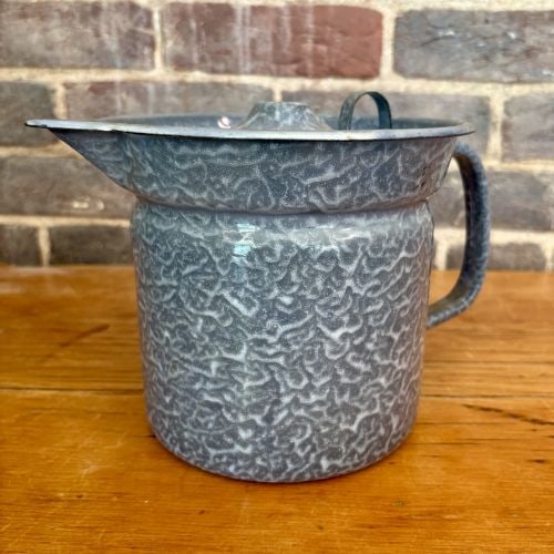 Vintage Gray Graniteware Grease Jar with Perforated Lid 9"X6.5": This vintage kitchen storage vessel is a grease jar or strainer pot crafted from enameled steel. It features a mottled gray and white cobweb pattern, a decorative finish frequently referred to as gran