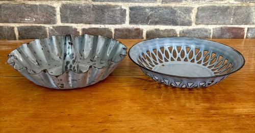 Two Vintage Enamelware Kitchen Items Including a Speckled Tube Mold and a Reticulated Basket 10"X4" (1 of 5)