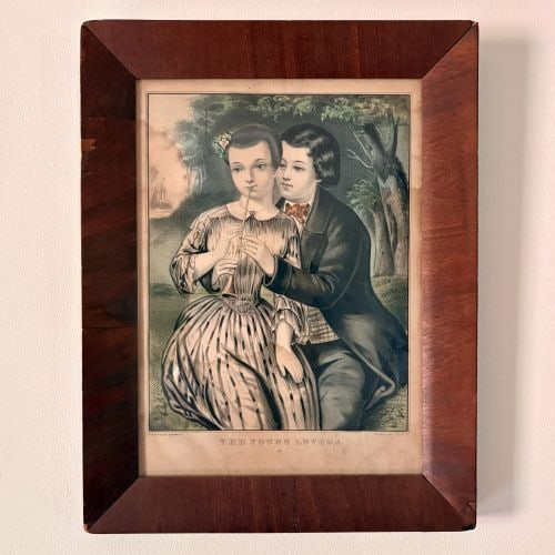 Nathaniel Currier, The Young Lovers, Hand-Colored Lithograph 13"X17": This mid-19th-century hand-colored lithograph is titled THE YOUNG LOVERS and was produced by the prominent American lithographer Nathaniel Currier. The sentimental genre scene depicts a young girl in 