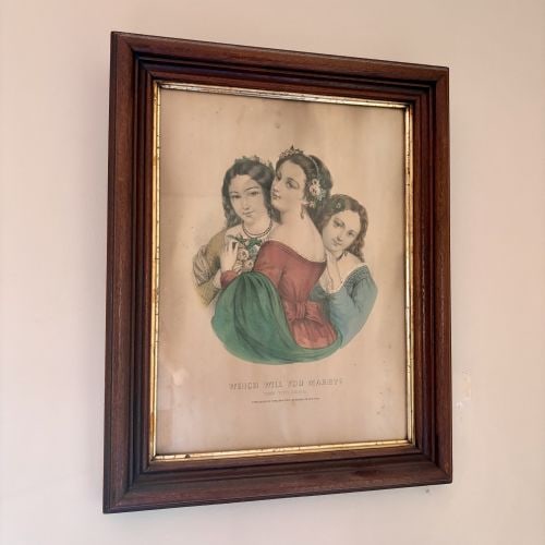 Currier & Ives Hand-Colored Lithograph, Which Will You Marry? Take Your Choice 16"X21": This mid-to-late 19th-century hand-colored lithograph is titled WHICH WILL YOU MARRY? TAKE YOUR CHOICE. The composition depicts a sentimental portrait of three young women in Victorian-era dress and f