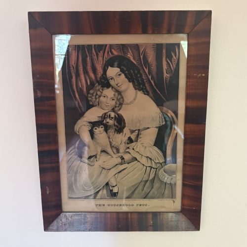 Nathaniel Currier Hand Colored Lithograph The Household Pets 1847 12"X18": This hand colored lithograph, titled THE HOUSEHOLD PETS., is published by Nathaniel Currier. The scene depicts a seated woman in mid 19th century dress and a young child with ringlets, together holdin