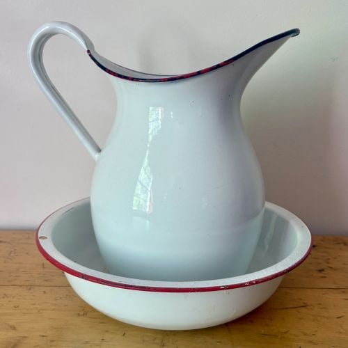 A Vintage Enamelware Pitcher and Basin Set with Red and Blue Trim 12"X12" (1 of 5)