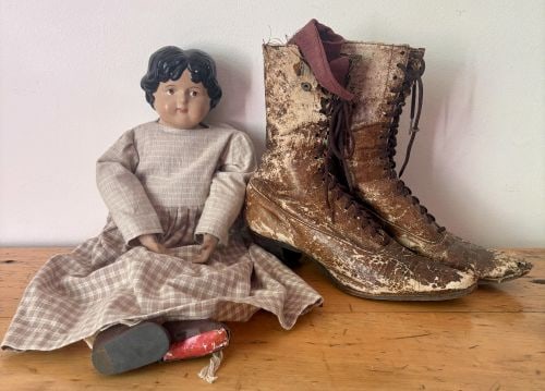 A Vintage Doll and a Pair of Antique Ladies Leather Boots (Doll 9"X13") (1 of 8)