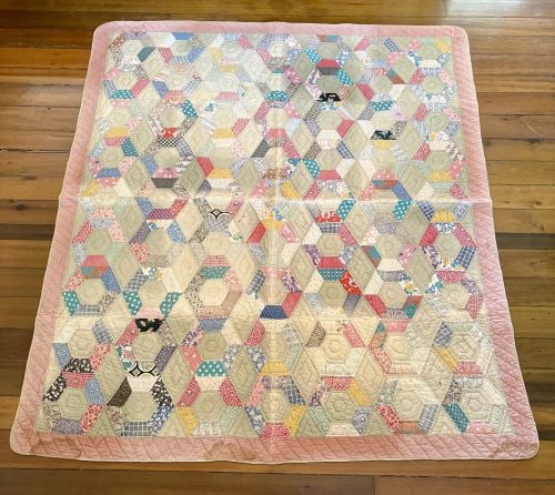 Mid-20th Century American Hand-Quilted Grandmother's Flower Garden Patchwork Quilt 71"X81" (1 of 8)