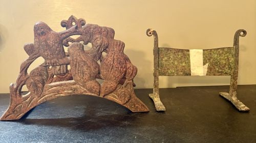 Two Cast Iron Items Including a Bird Motif Hearth Stand and a Scrolled Boot Scraper 10"X7"X8" (1 of 6)