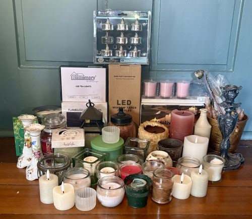 An Assortment of Wax and Flameless Candles with Decorative Candle Holders and Accessories (Lot 32"W (1 of 7)