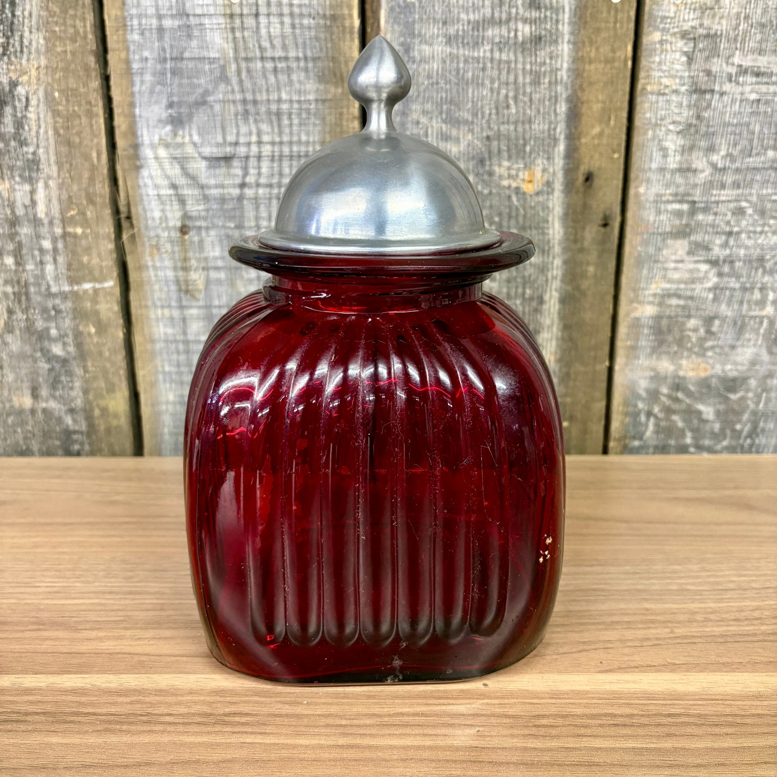 Attributed to Artland Ribbed Ruby Red Glass Canister with Metal Lid 6"X6"X10" (1 of 5)