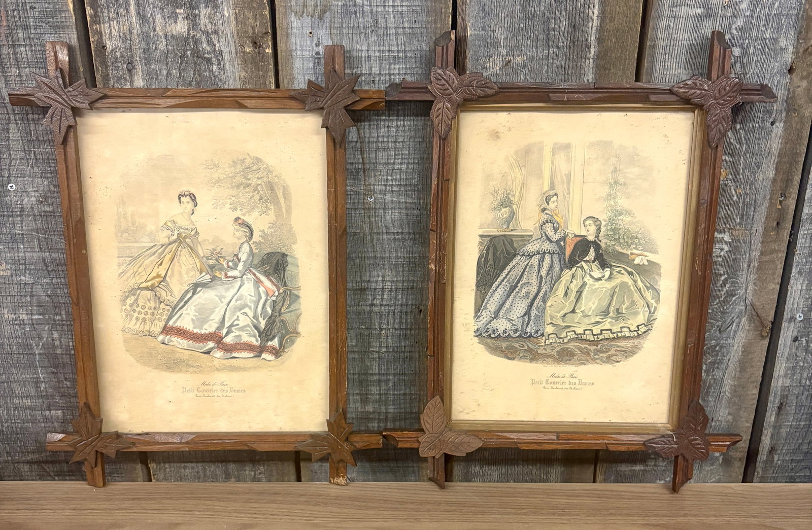 A Pair of Hand-Colored Engravings from Petit Courrier des Dames in Tramp Art Frames 16"X20" (1 of 11)
