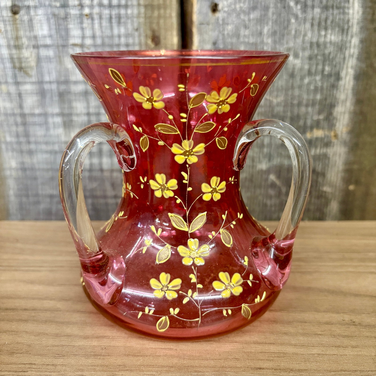 Victorian Enameled Cranberry Art Glass Two Handled Vase 5"X5" (1 of 5)