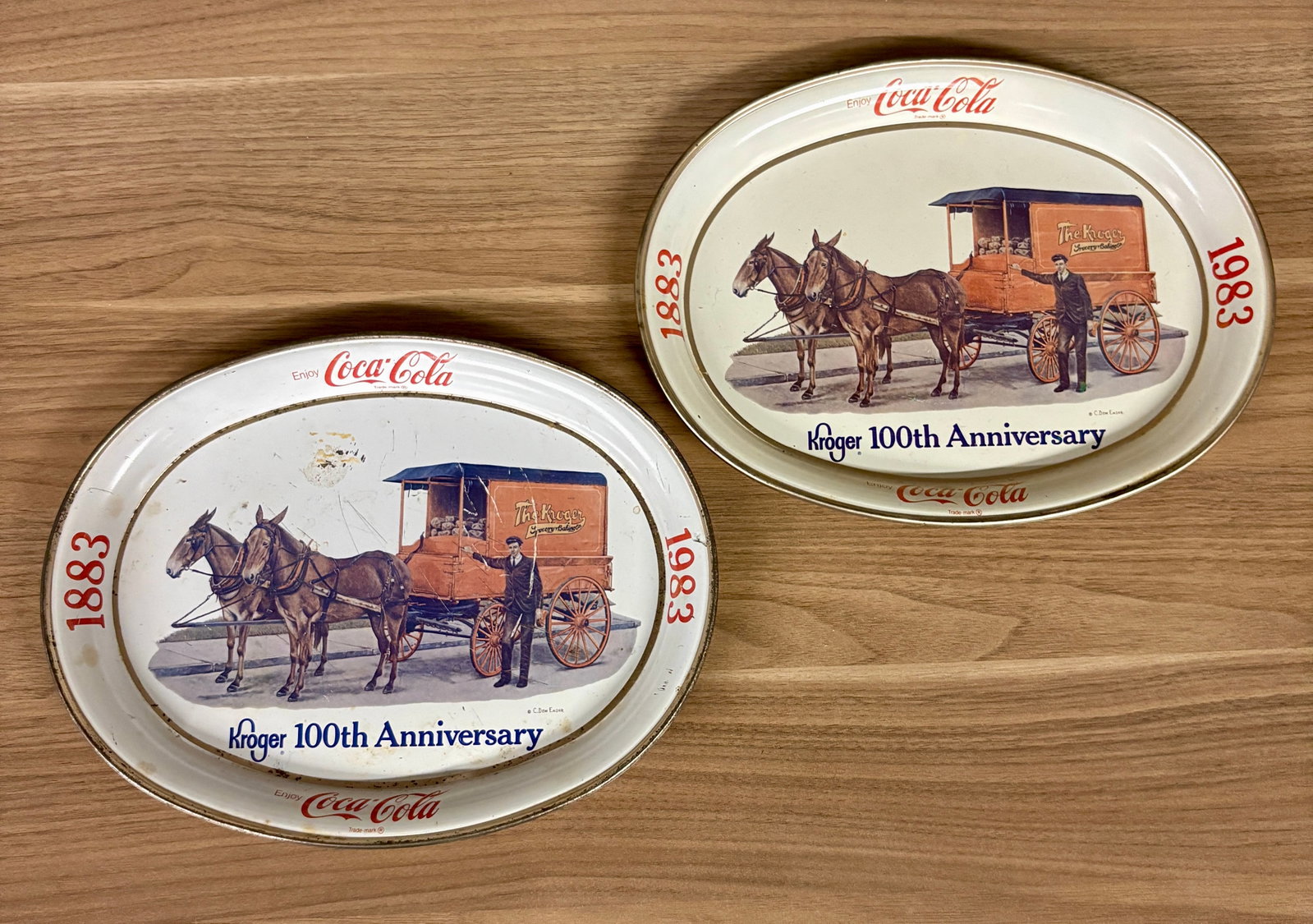 A Pair of Vintage 1983 Kroger 100th Anniversary Coca-Cola Commemorative Tin Trays 11"X8" (1 of 5)