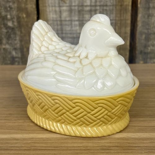 Avon Glass Hen on Nest Covered Trinket Dish: This is a vintage two-piece covered glass dish manufactured by Avon Products, Inc., commonly referred to as a hen-on-nest. The set includes a lid molded in the form of a hen with detailed feathering, 