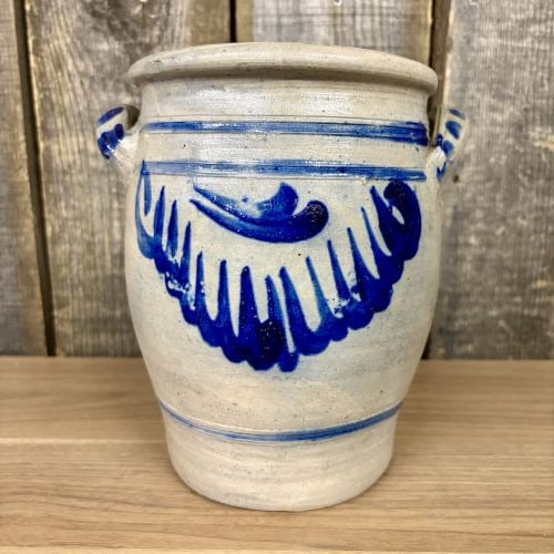 German Westerwald Salt Glazed Stoneware Cobalt Decorated 4 Liter Storage Jar: A salt-glazed stoneware storage jar or crock attributed to the Westerwald region of Germany. The vessel features a cylindrical form that tapers toward the base, a slightly flared rim, and two applied 