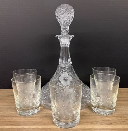 A Set of Floral Etched and Cut Glass Drinkware Including a Ship's Decanter and Five Tumblers (1 of 11)
