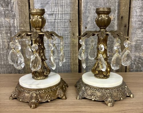 A Pair of Vintage Hollywood Regency Style Gilt Metal and Marble Mantle Lustre Candlesticks (1 of 5)