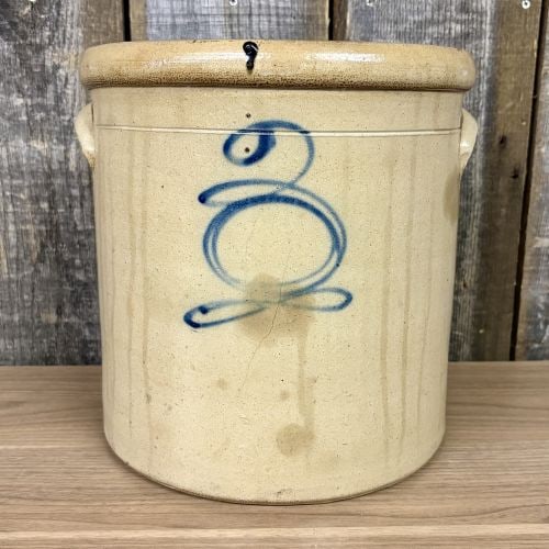 Three-Gallon Salt-Glazed Stoneware Crock with Cobalt Blue Number Three: This salt-glazed stoneware crock features a straight-sided cylindrical form with a thick, rounded overhanging rim and two applied lug handles. The exterior is finished in a traditional light tan salt 
