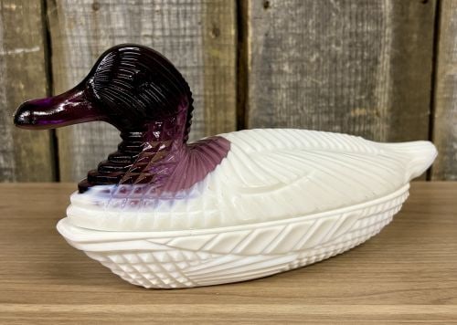 Amethyst Slag and Milk Glass Duck on Nest Covered Dish, Attributed to L.G. Wright (1 of 5)
