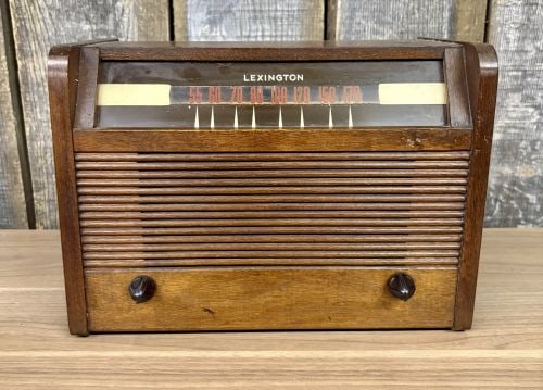 Vintage Lexington Art Deco Wood Case Tabletop AM Tube Radio: This is a vintage tabletop vacuum tube radio branded Lexington. The unit features an Art Deco-style wood cabinet with a dark stained finish, characterized by stepped shoulders and horizontal wooden lo