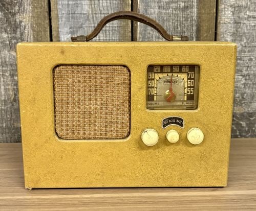 Trav-Ler Model LL-5 Portable Three-Way Tube Radio: This is a vintage portable "three-way" tube radio manufactured by the Trav-Ler Radio Corp. of Chicago, Illinois, identified by the chassis stamp as model LL-5. The unit is designed to operate on AC po