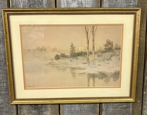 Paul Sawyier, Morning Moon, Limited Edition Print: This item is a limited edition collector print titled Morning Moon by the Kentucky artist Paul Sawyier (1865-1917). The piece is an offset lithograph after an original watercolor, depicting a misty mo