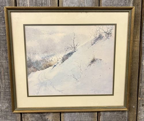 Paul Sawyier, First Snow, Framed Landscape: This framed work is an impressionistic winter landscape by American artist Paul Sawyier (1865-1917). The scene, titled First Snow, depicts a hillside covered in fresh snow with sparse, bare vegetation