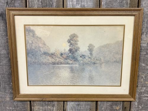 Paul Sawyier, Autumn Serenity, Watercolor and Gouache on Paper: Paul Sawyier (American, 1865-1917). Autumn Serenity. This atmospheric Tonalist river landscape is executed in watercolor with gouache highlights on paper. The composition depicts a misty waterway at s