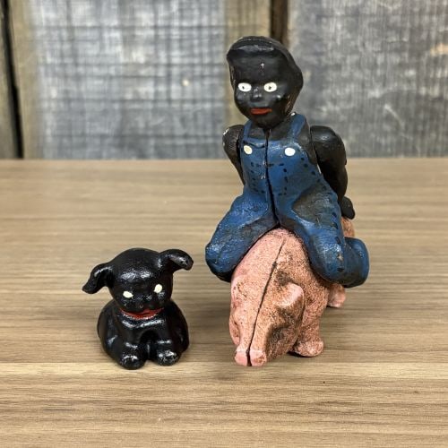 Cast Iron Black Americana Boy Riding Pig Still Bank and Dog Figurine (1 of 5)