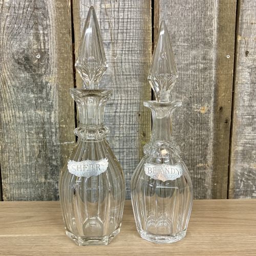 A Pair of Cut Glass Liquor Decanters with Metal Labels and Spire Stoppers (1 of 5)