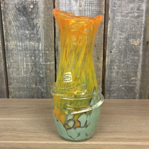 Blue Lagoon BC Hand-Blown Art Glass Vase with Ruffled Rim and Applied Clear Glass Wrap: A hand-blown art glass vase produced by Blue Lagoon Glassworks in British Columbia, Canada. The vessel features a tall, slender body that flares into a multi-lobed ruffled rim. The upper two-thirds of