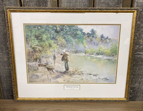 Paul Sawyier, Barbeque Spring, Limited Edition Print: This limited edition collector print is after an original watercolor by American artist Paul Sawyier (1865-1917), titled Barbeque Spring. The composition depicts a tranquil fishing scene on the South 