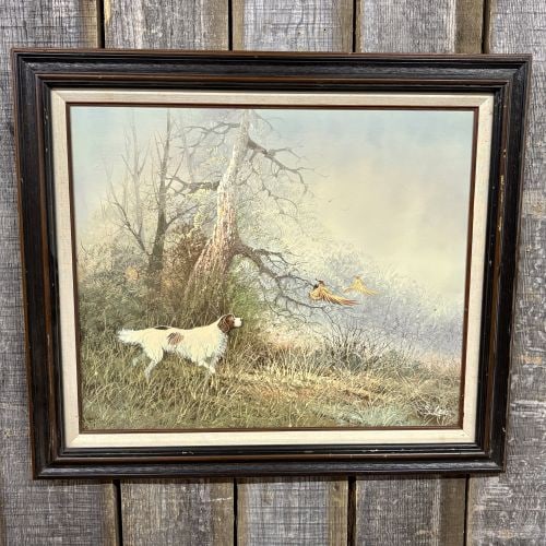 S. Lee, Sporting Scene with English Setter and Game Birds, Oil on Canvas: This mid-to-late 20th-century sporting scene is an oil on canvas depicting an English Setter on point in a dense, autumnal landscape, focused on two game birds in flight. The work is signed S. Lee in 