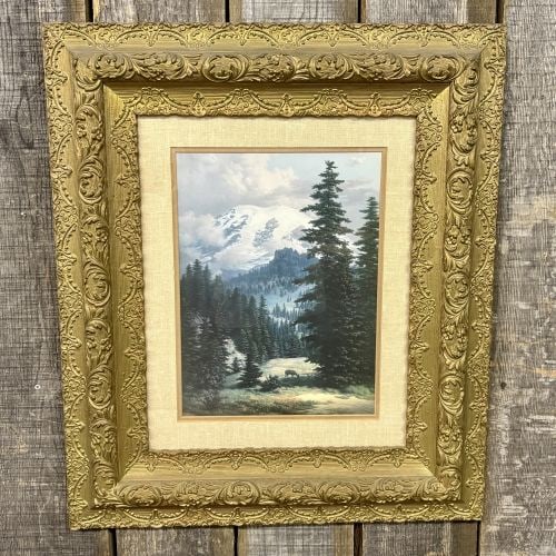 Dalhart Windberg Quiet Grandeur Framed Color Print: This color print, titled Quiet Grandeur by artist Dalhart Windberg, depicts a Pacific Northwest landscape featuring a prominent snow-capped mountain peak, identified through visual consensus as Mount 