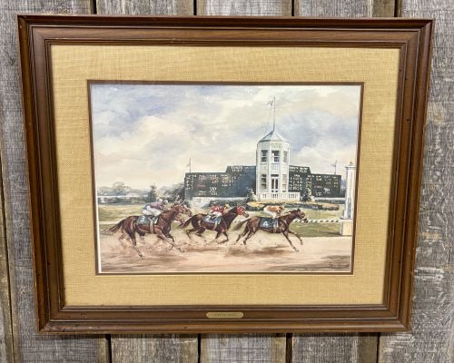 Tony Oswald, Stretch Drive, Signed Print: Artist-signed print titled Stretch Drive by Tony Oswald (American, 1928-2021). The work depicts the 1979 Kentucky Derby at Churchill Downs, capturing the final stretch of the race with horses Spectacu