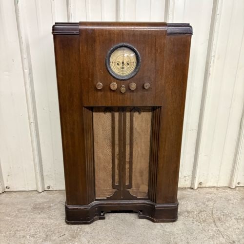 Montgomery Ward Airline Art Deco Floor Console Vacuum Tube Radio: SHIPPING NOT AVAILABLE, FOR PICK UP OR TRANSPORT ONLY - This is a Montgomery Ward Airline brand floor console vacuum tube radio, likely produced between 1937 and 1938. The wooden cabinet is designed i