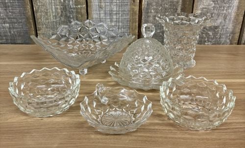 A Collection of Six Crystal Pressed Glass Tableware Items in the Cube Pattern (1 of 7)