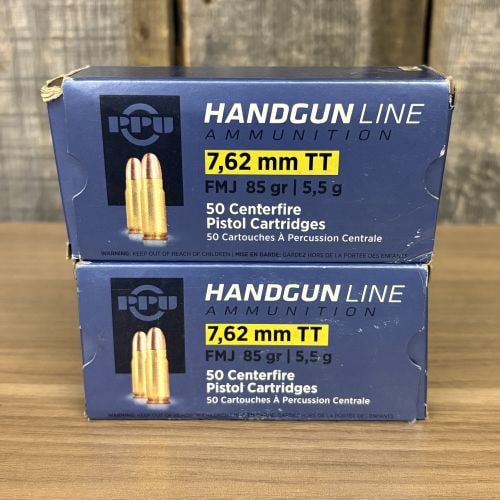 A Pair of Boxes of Prvi Partizan Handgun Line 7.62x25mm Tokarev Ammunition: This lot consists of a pair of boxes of PPU Prvi Partizan Handgun Line ammunition, totaling 100 rounds. Each box contains 50 centerfire cartridges chambered for 7.62x25mm Tokarev, designated on the pa