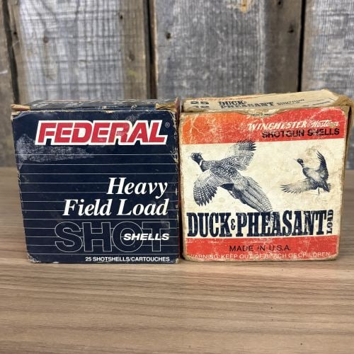 A Lot of Federal and Winchester 12 Gauge Shotgun Shells: Mostly full, partial boxes. The first box is a Federal Heavy Field Load, model HF12 6, originally designed for 2-3/4 inch shells with a 3-1/4 dram equivalent and 1-1/8 oz. of #6 hard shot. The second 