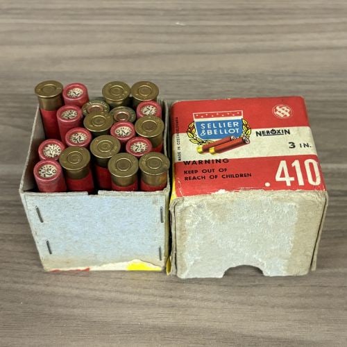 A Lot of 25 Sellier & Bellot Neroxin Shotgun Ammunition .410 Gauge: This lot features a two-piece cardboard box containing a verified count of 25 .410 gauge shotgun shells. The packaging consists of an outer red, white, and yellow sleeve with a matching interior cardb