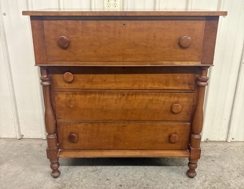 American Empire Cherry and Curly Maple Four-Drawer Chest: SHIPPING NOT AVAILABLE, FOR PICK UP OR TRANSPORT ONLY - This is an antique American Empire-style four-drawer chest of drawers, dating to the mid-19th century, circa 1830–1850. The piece is construct