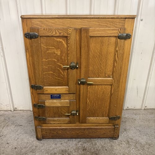 Antique Belknap Blue Ribbon Quartersawn Oak Three-Door Icebox: SHIPPING NOT AVAILABLE, FOR PICK UP OR TRANSPORT ONLY - An antique single-piece three-door upright icebox manufactured for the Belknap Hardware & Manufacturing Company of Louisville, Kentucky, under t