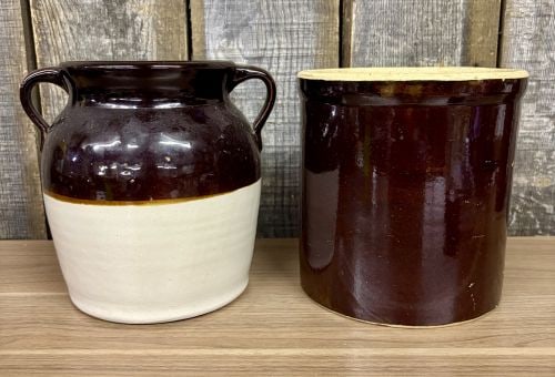 Two American Utilitarian Stoneware Crocks Including a Two-Tone Bean Pot and Cylindrical Crock (1 of 5)
