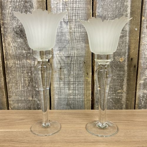 A Pair of Tall Clear and Frosted Glass Tulip Shape Candle Holders (1 of 7)