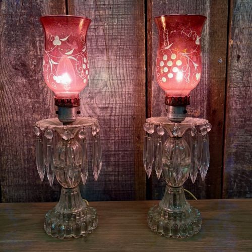 A Pair of Vintage Ruby Etched Glass and Crystal Prism Hurricane Table Lamps (1 of 10)