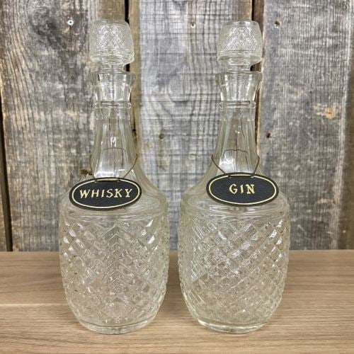 A Pair of Vintage Pressed Glass Spirit Decanters with Whisky and Gin Hang Tags (1 of 7)