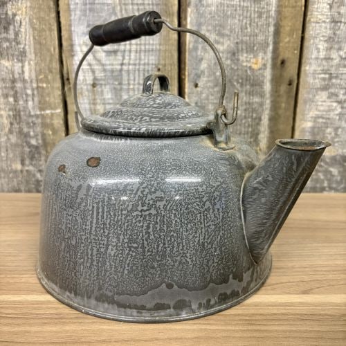 Antique Gray Graniteware Stovetop Tea Kettle with Wooden Grip (1 of 7)