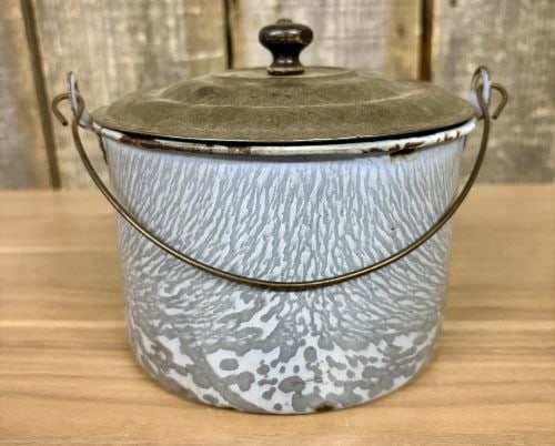 Antique Gray Mottled Graniteware Berry Pail with Tin Lid (1 of 5)