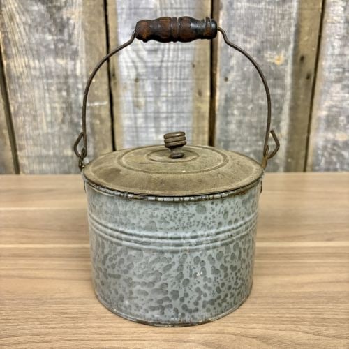 Antique Mottled Galvanized Steel Lidded Lunch Pail with Wooden Grip (1 of 6)