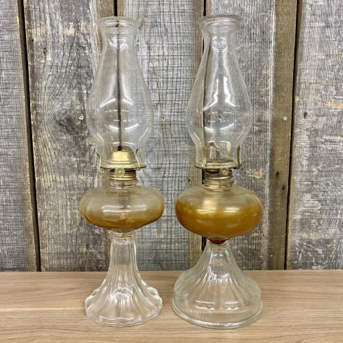 Two Antique Clear Pressed Glass Kerosene Table Lamps with Fluted Pedestal Bases (1 of 9)